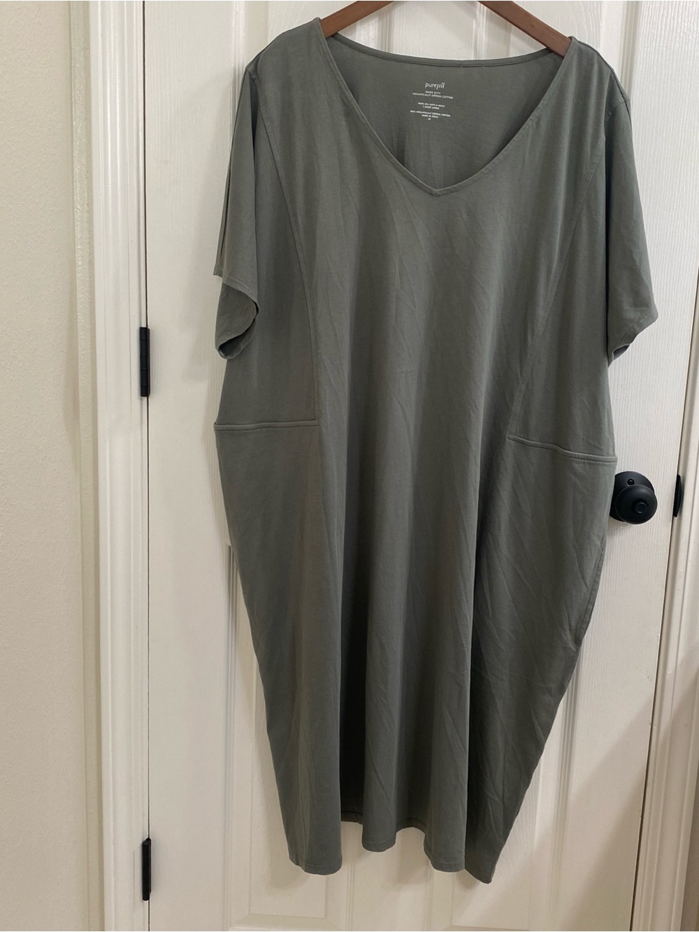 Pure Jill Organic Cotton V-Neck Tunic Dress 3X | Sage Green Short Sleeve Pocket